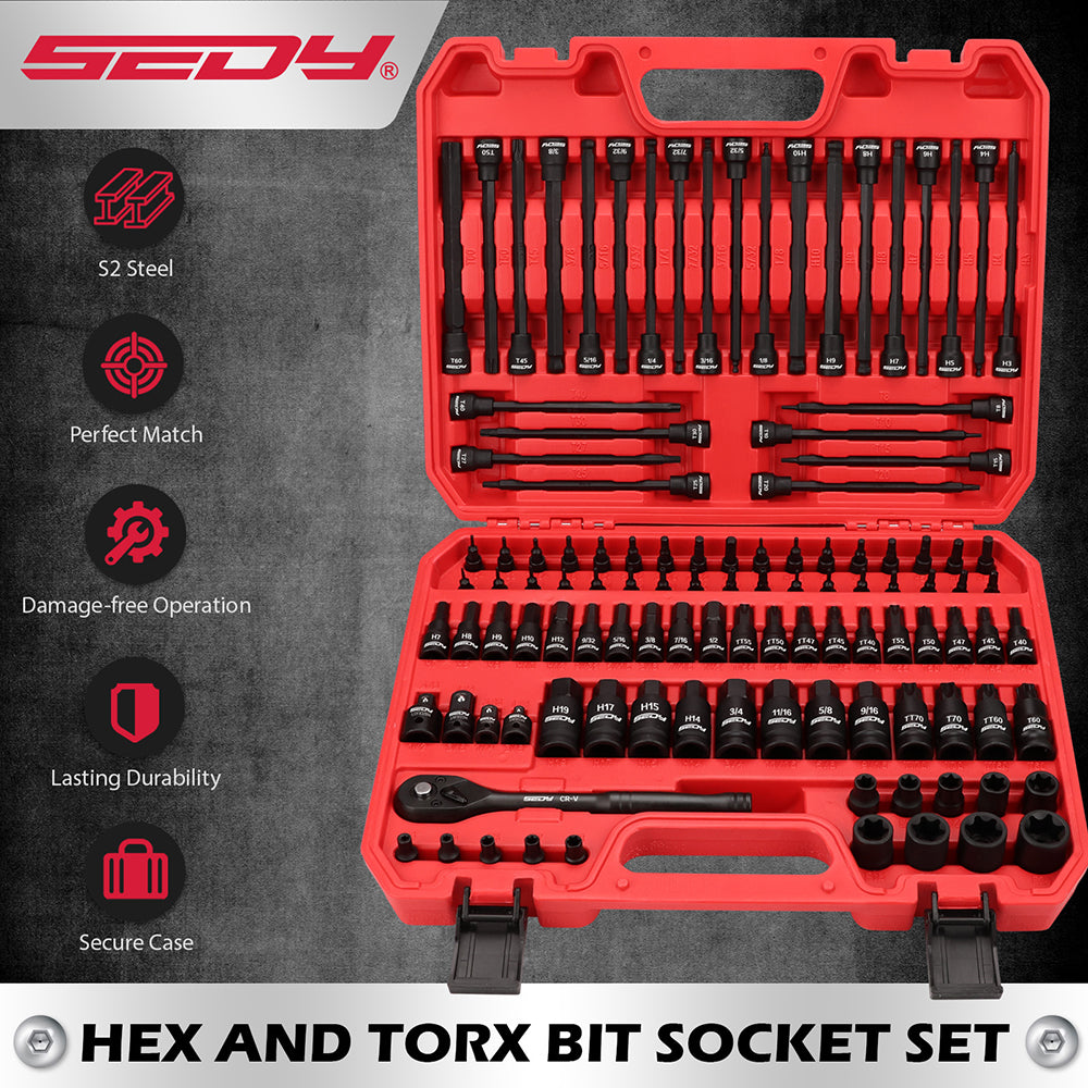 112PCS hex and Torx bit socket set with long-reach bits and 3/8 inch ratchet in red storage case