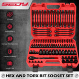 112PCS hex and Torx bit socket set with long-reach bits and 3/8 inch ratchet in red storage case