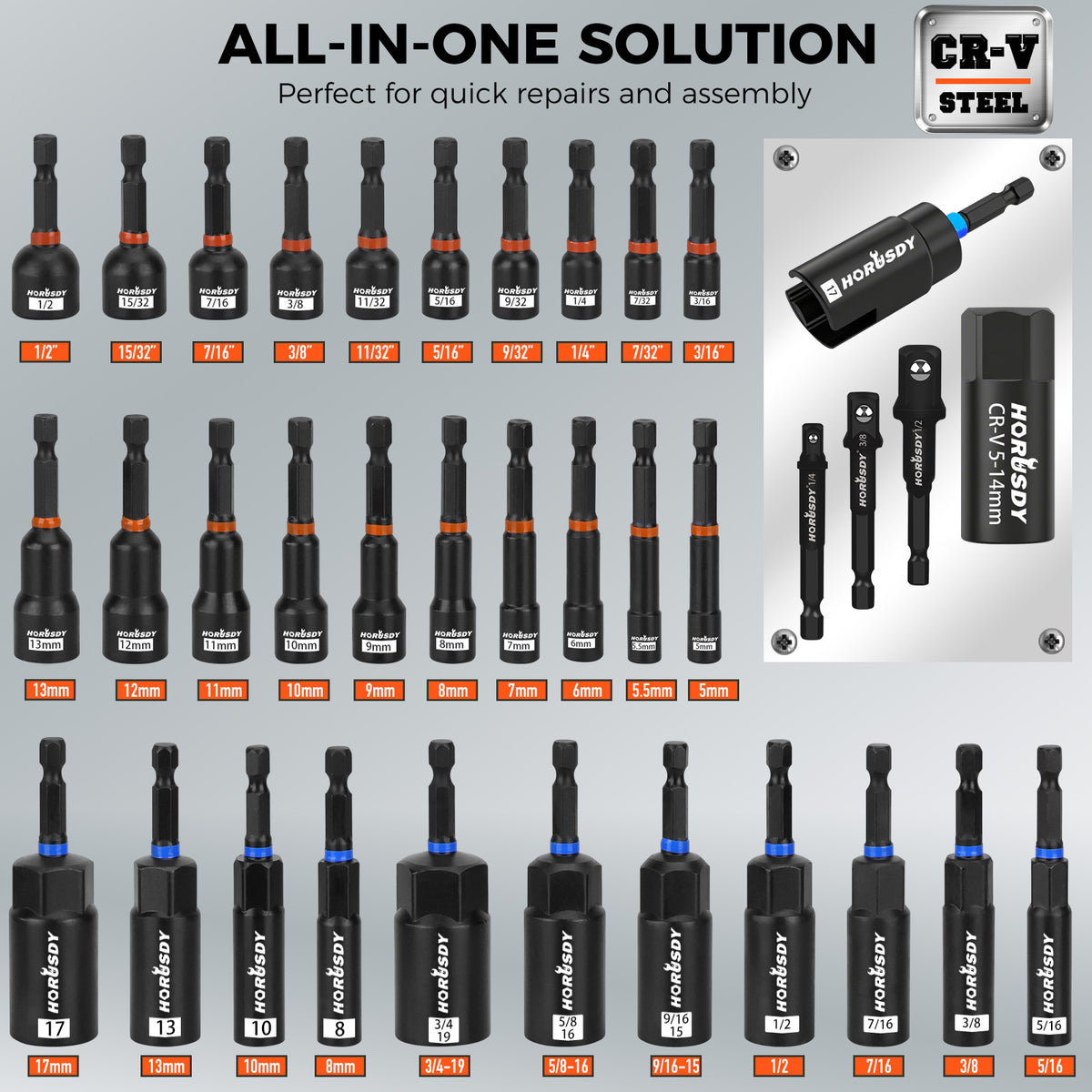 79-piece magnetic nut driver set with metric and SAE sockets, S2 screwdriver bits, CR-V steel sockets, bit extension and portable case