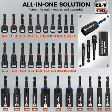 79-piece magnetic nut driver set with metric and SAE sockets, S2 screwdriver bits, CR-V steel sockets, bit extension and portable case