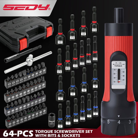 64-piece torque screwdriver set with 10-70 in-lb adjustable torque driver, 1/4 inch S2 bits, magnetic nut drivers, ratchet wrench and storage case for automotive, electronics and repair work
