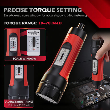 64-piece torque screwdriver set with 10-70 in-lb adjustable torque driver, 1/4 inch S2 bits, magnetic nut drivers, ratchet wrench and storage case for automotive, electronics and repair work