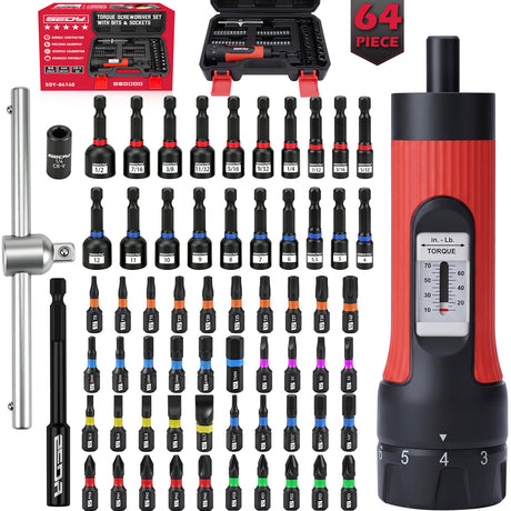 64-piece torque screwdriver set with 10-70 in-lb adjustable torque driver, 1/4 inch S2 bits, magnetic nut drivers, ratchet wrench and storage case for automotive, electronics and repair work