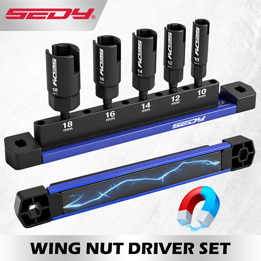 SEDY 5 piece metric power wing nut driver set with magnetic organizer rail 1/4 inch hex shank CR-V steel 10-18mm