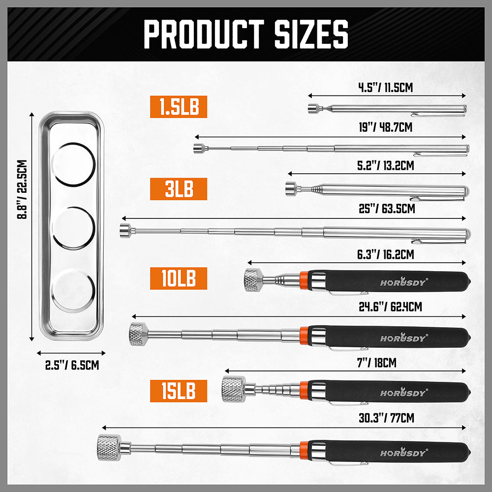 5-piece telescoping magnetic pickup tool set with 1.5 lb, 3 lb, 10 lb and 15 lb magnet tools, pocket clips, padded handles and large stainless steel magnetic parts tray for screws, bolts and auto repair