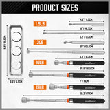 5-piece telescoping magnetic pickup tool set with 1.5 lb, 3 lb, 10 lb and 15 lb magnet tools, pocket clips, padded handles and large stainless steel magnetic parts tray for screws, bolts and auto repair