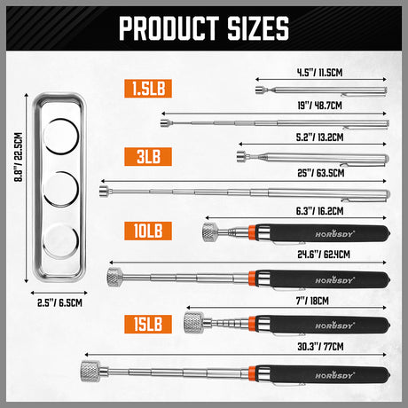 5-piece telescoping magnetic pickup tool set with 1.5 lb, 3 lb, 10 lb and 15 lb magnet tools, pocket clips, padded handles and large stainless steel magnetic parts tray for screws, bolts and auto repair