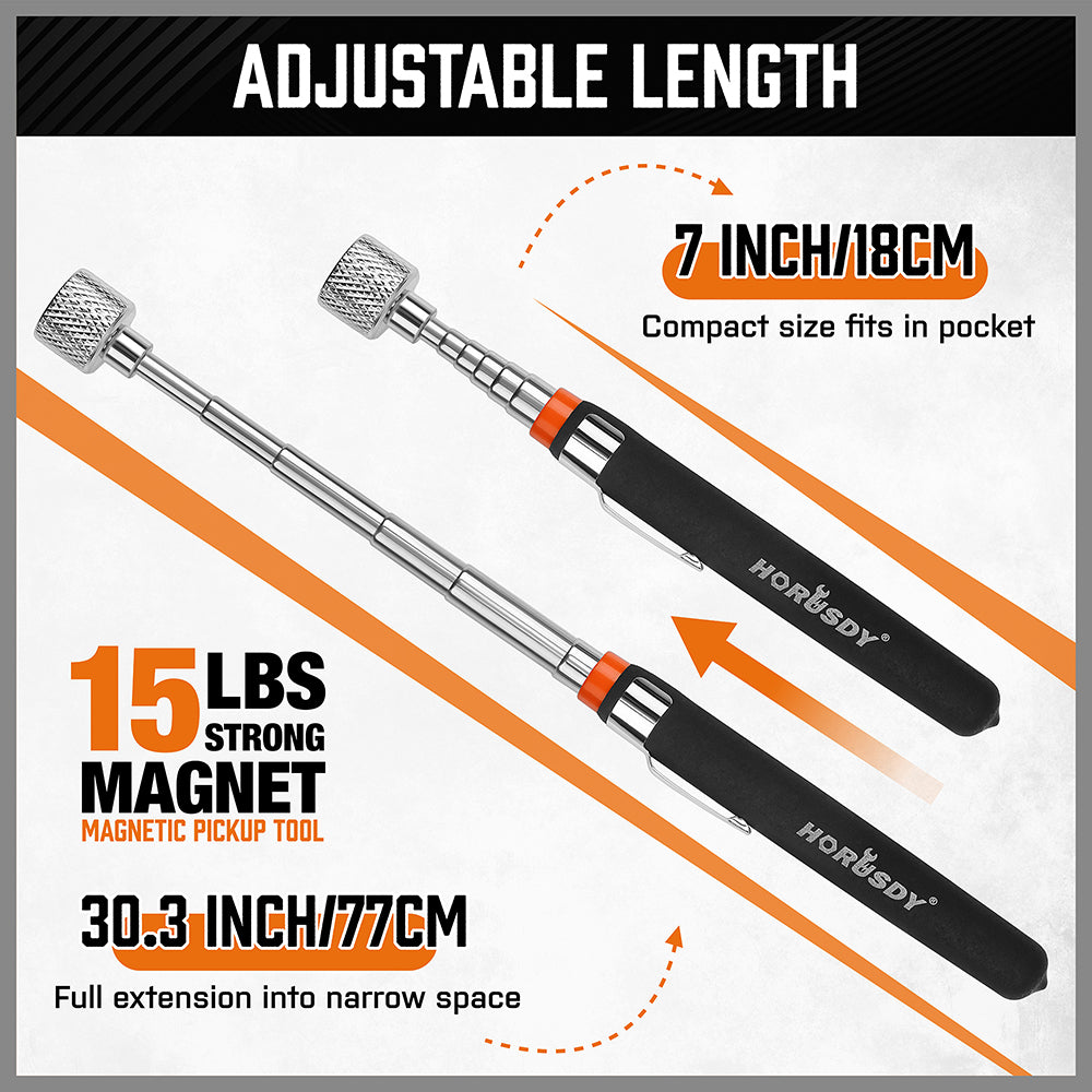 5-piece telescoping magnetic pickup tool set with 1.5 lb, 3 lb, 10 lb and 15 lb magnet tools, pocket clips, padded handles and large stainless steel magnetic parts tray for screws, bolts and auto repair