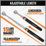 5-piece telescoping magnetic pickup tool set with 1.5 lb, 3 lb, 10 lb and 15 lb magnet tools, pocket clips, padded handles and large stainless steel magnetic parts tray for screws, bolts and auto repair