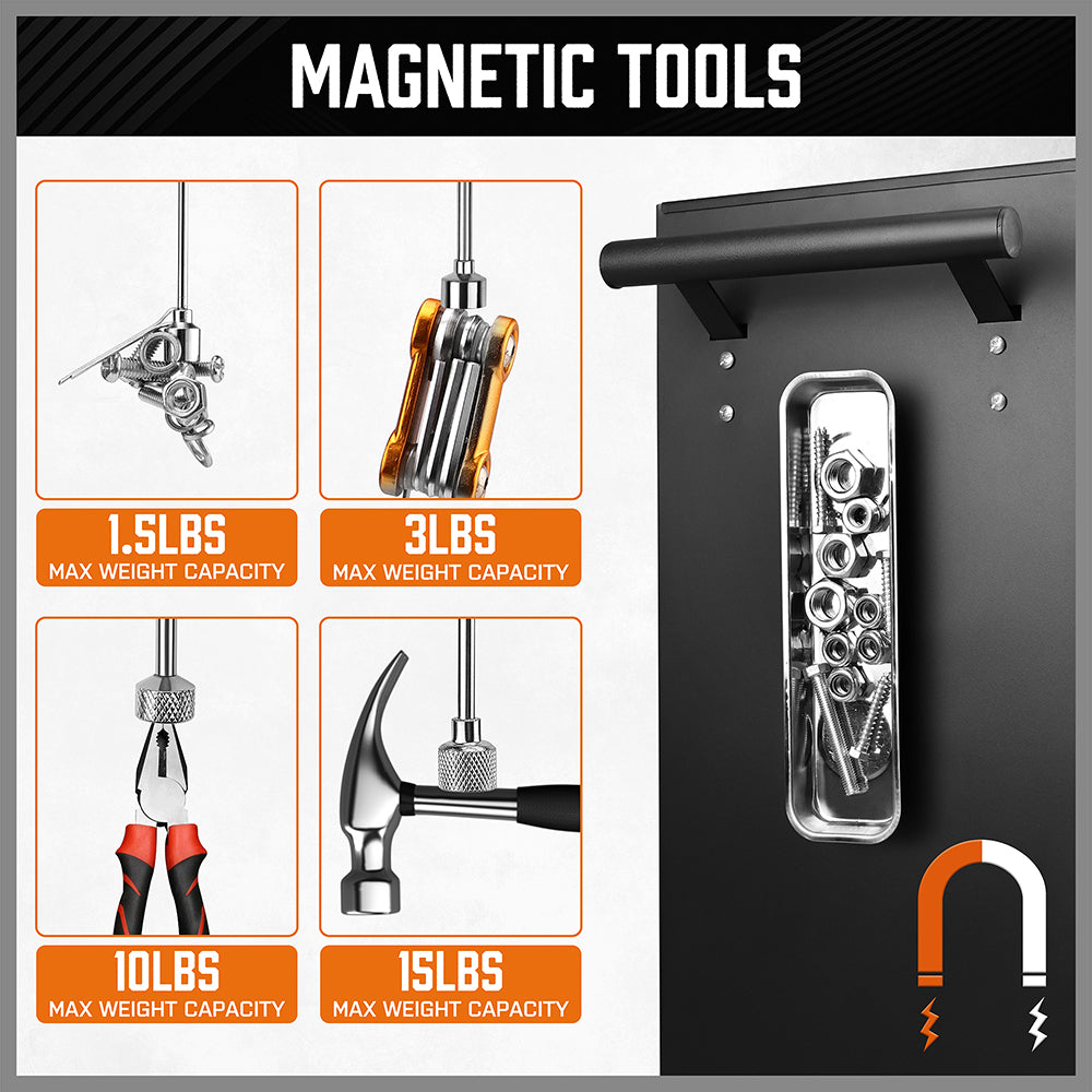 5-piece telescoping magnetic pickup tool set with 1.5 lb, 3 lb, 10 lb and 15 lb magnet tools, pocket clips, padded handles and large stainless steel magnetic parts tray for screws, bolts and auto repair
