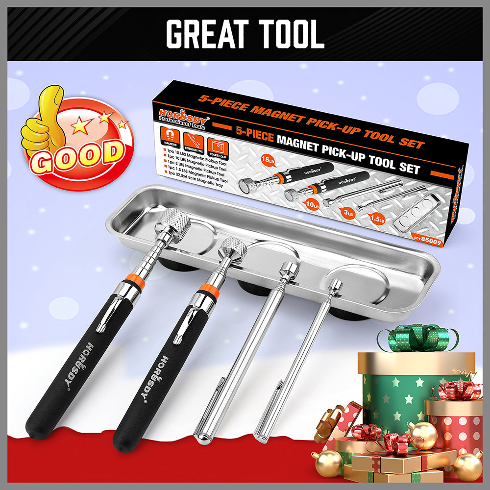 5-piece telescoping magnetic pickup tool set with 1.5 lb, 3 lb, 10 lb and 15 lb magnet tools, pocket clips, padded handles and large stainless steel magnetic parts tray for screws, bolts and auto repair