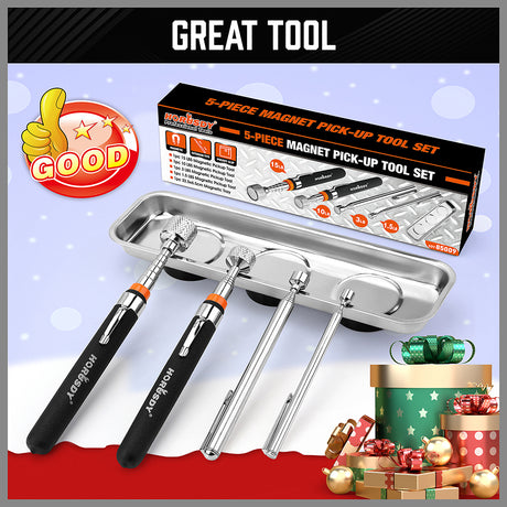 5-piece telescoping magnetic pickup tool set with 1.5 lb, 3 lb, 10 lb and 15 lb magnet tools, pocket clips, padded handles and large stainless steel magnetic parts tray for screws, bolts and auto repair