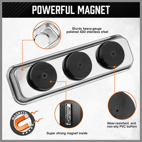 5-piece telescoping magnetic pickup tool set with 1.5 lb, 3 lb, 10 lb and 15 lb magnet tools, pocket clips, padded handles and large stainless steel magnetic parts tray for screws, bolts and auto repair