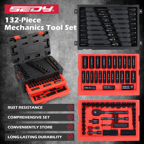 SEDY 132-piece mechanics tool set with sockets, wrenches and portable 2-drawer toolbox