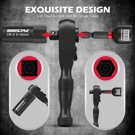 SEDY 41-piece 1/4-inch drive magnetic nut driver set with metric and SAE bits, strong magnetic tips, ratchet handle, and universal socket for versatile repair use.