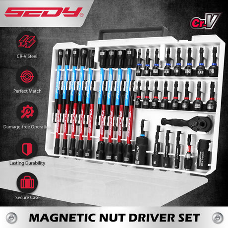 SEDY 41-piece 1/4-inch drive magnetic nut driver set with metric and SAE bits, strong magnetic tips, ratchet handle, and universal socket for versatile repair use.