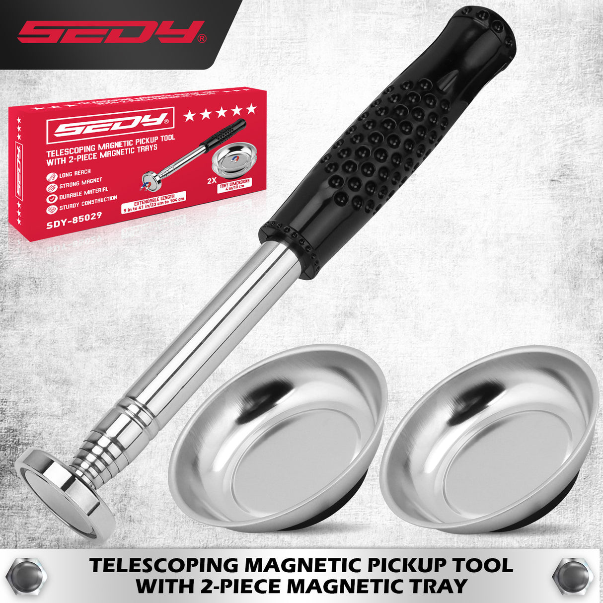 SEDY telescoping magnetic pickup tool with 50 lbs lifting capacity and two 4-inch stainless steel magnetic trays for tool and parts storage