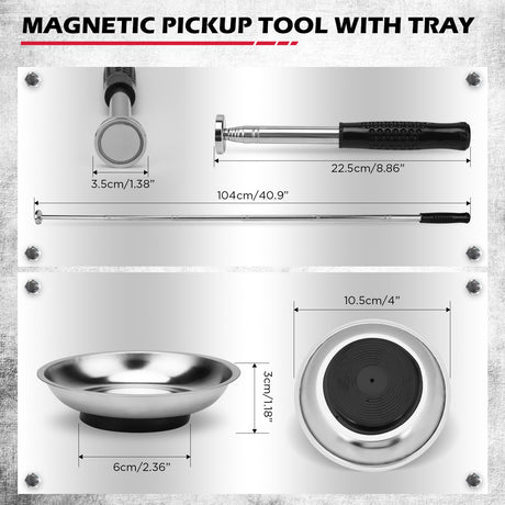 SEDY telescoping magnetic pickup tool with 50 lbs lifting capacity and two 4-inch stainless steel magnetic trays for tool and parts storage