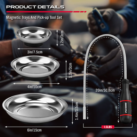 magnetic parts tray set with flexible pickup tool stainless steel trays for nuts bolts screws automotive repair tool set