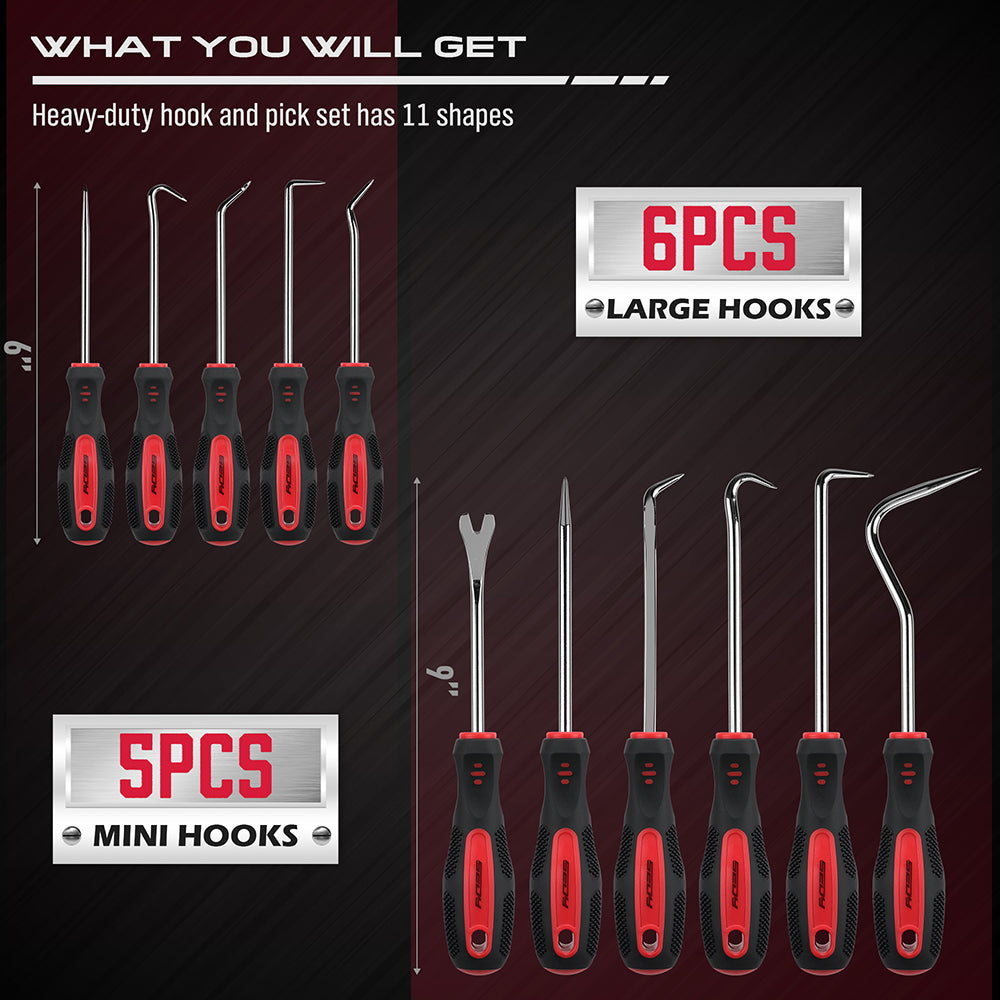 11-piece O-ring pick and hook set with CR-V hooks and red carry pouch