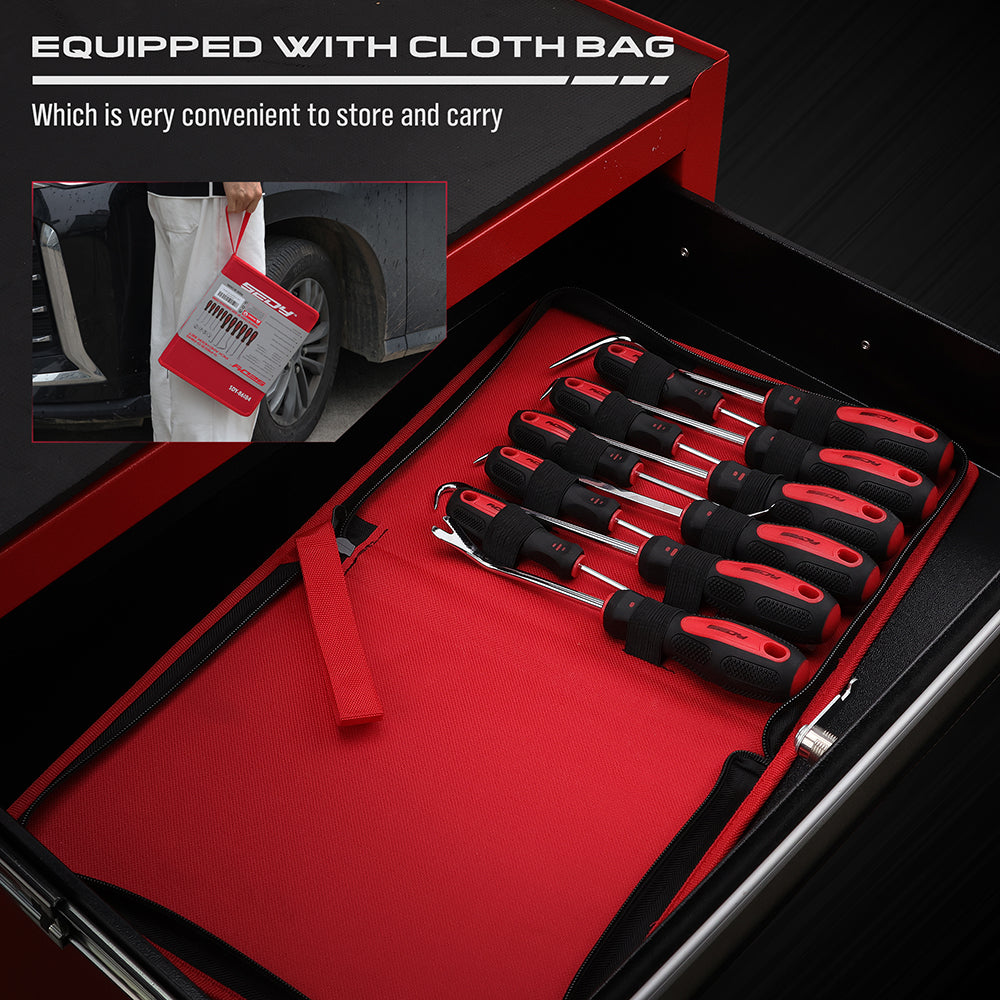 11-piece O-ring pick and hook set with CR-V hooks and red carry pouch