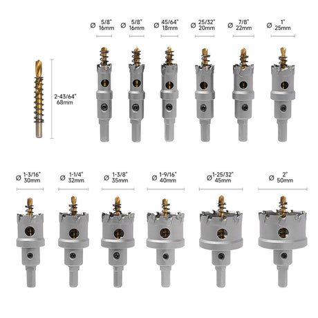 HORUSDY 12PCS Carbide Hole Saw Kit with Tungsten Carbide Tipped Drill Bits, Hex Keys, and Carrying Case for Cutting Steel, Iron, Copper, and Alloy
