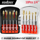 HORUSDY 10PCS 1/4 Inch Shank Double Cut Tungsten Carbide Burr Set with Storage Case for Metal, Wood, Plastic, Aluminum and Concrete