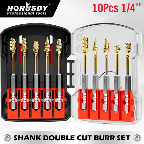 HORUSDY 10PCS 1/4 Inch Shank Double Cut Tungsten Carbide Burr Set with Storage Case for Metal, Wood, Plastic, Aluminum and Concrete