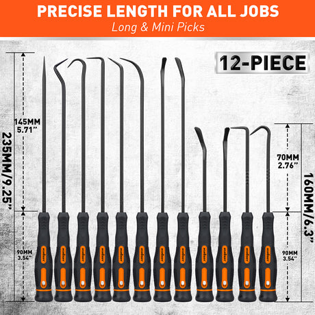 12 piece hook and pick set with long and mini picks for o ring removal automotive and diy repair