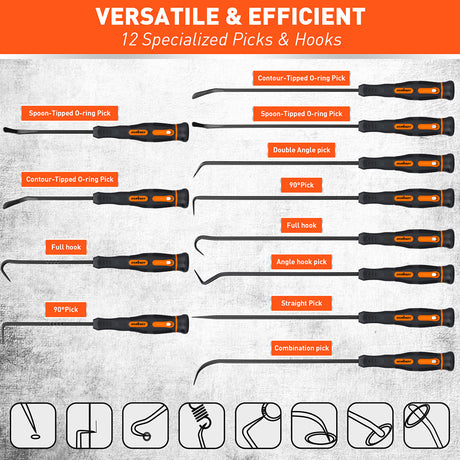 12 piece hook and pick set with long and mini picks for o ring removal automotive and diy repair