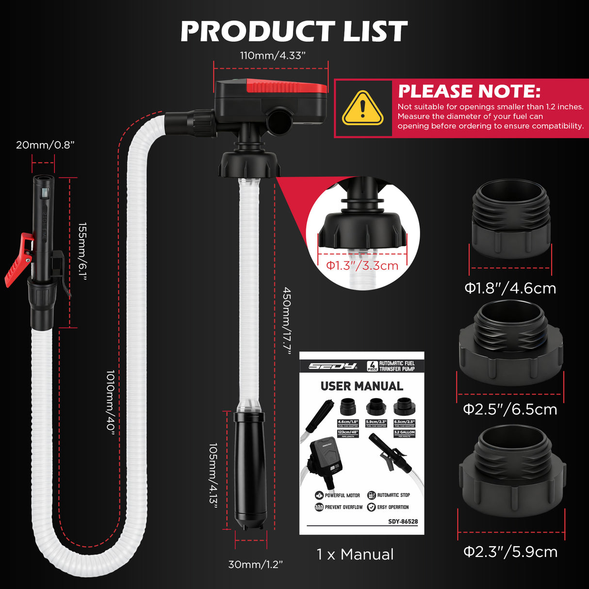 automatic fuel transfer pump with auto-stop nozzle, 48-inch flexible hose and three gas can adapters for gasoline, diesel and kerosene transfer
