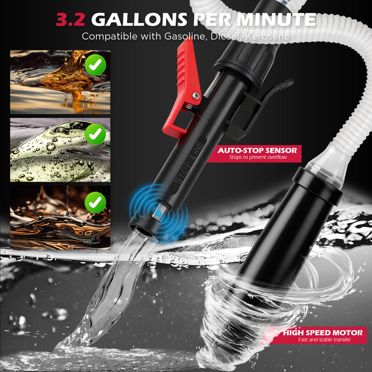 automatic fuel transfer pump with auto-stop nozzle, 48-inch flexible hose and three gas can adapters for gasoline, diesel and kerosene transfer