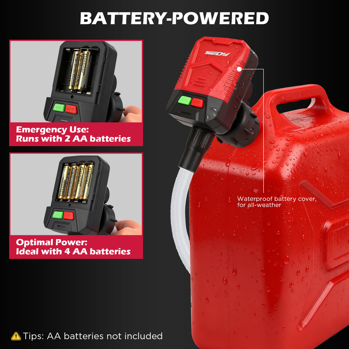 automatic fuel transfer pump with auto-stop nozzle, 48-inch flexible hose and three gas can adapters for gasoline, diesel and kerosene transfer