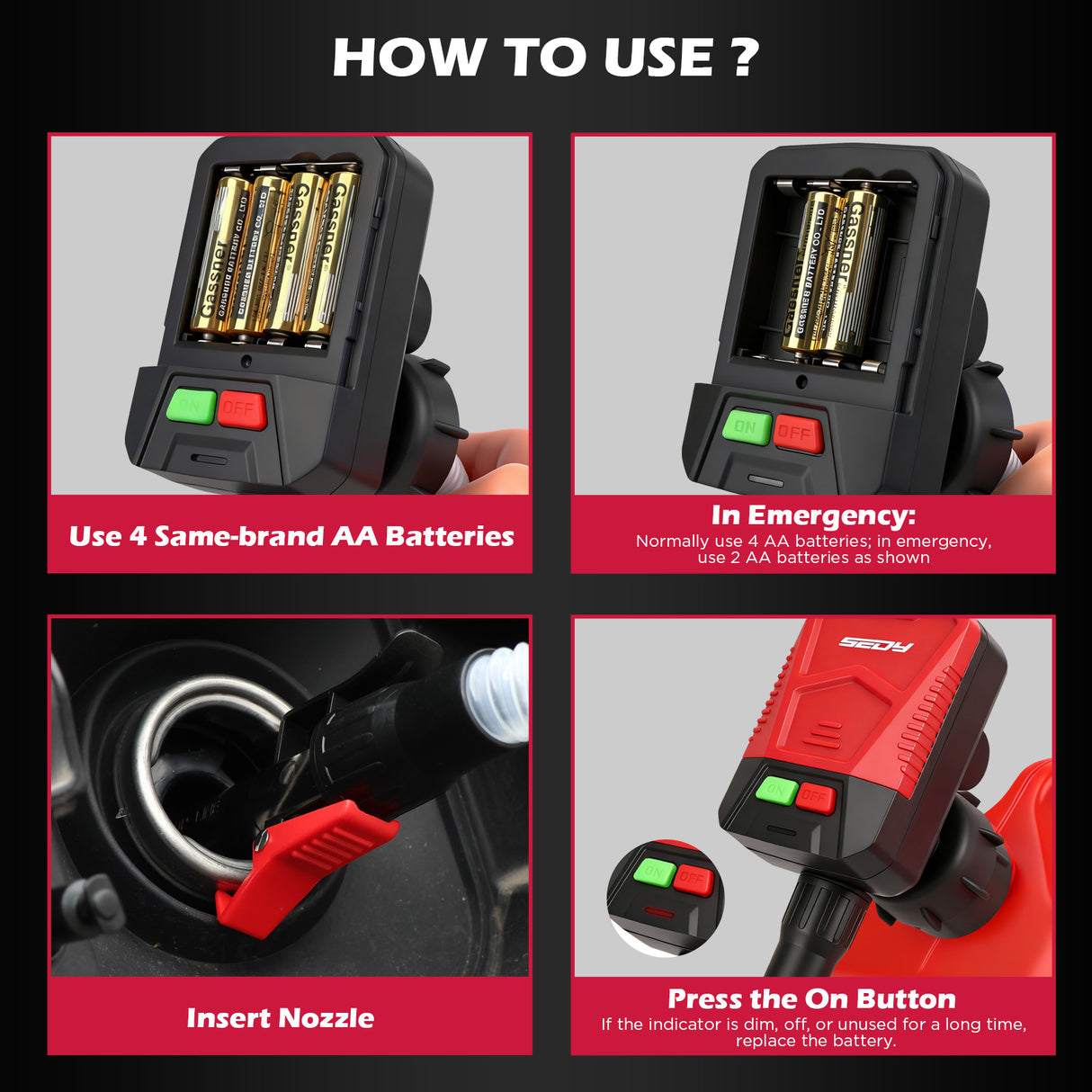 automatic fuel transfer pump with auto-stop nozzle, 48-inch flexible hose and three gas can adapters for gasoline, diesel and kerosene transfer