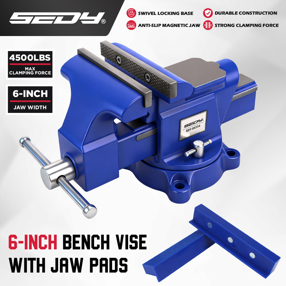6 inch bench vise with swivel base 4500 lbs heavy duty cast iron vise with anvil and magnetic soft jaw pads