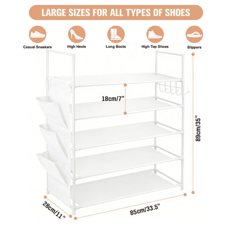 5-tier white shoe rack with metal frame, fabric shelves, side pockets and hooks for compact shoe storage