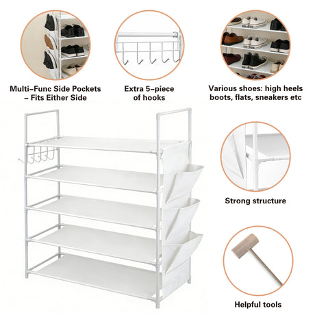 5-tier white shoe rack with metal frame, fabric shelves, side pockets and hooks for compact shoe storage