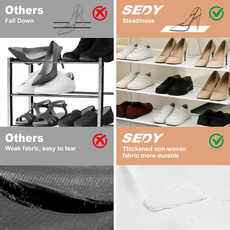 5-tier white shoe rack with metal frame, fabric shelves, side pockets and hooks for compact shoe storage