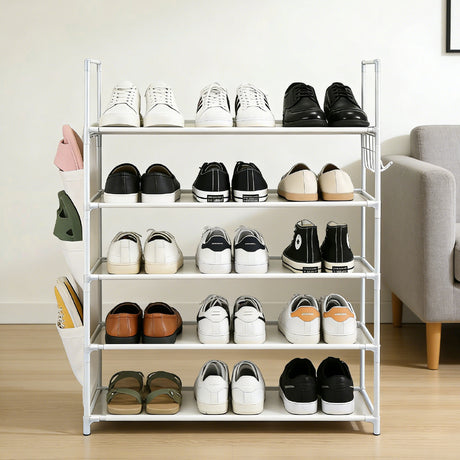 5-tier white shoe rack with metal frame, fabric shelves, side pockets and hooks for compact shoe storage