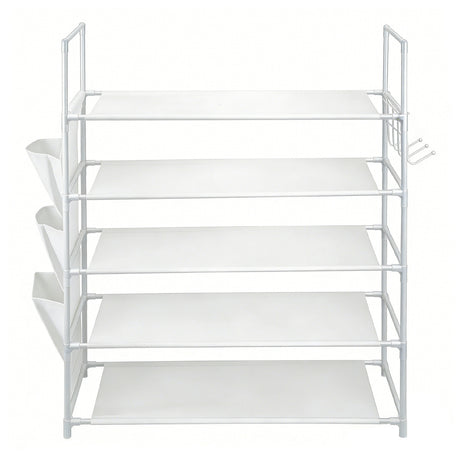 5-tier white shoe rack with metal frame, fabric shelves, side pockets and hooks for compact shoe storage