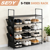 5-tier shoe rack with metal frame, fabric shelves, side pockets and hooks for entryway shoe storage