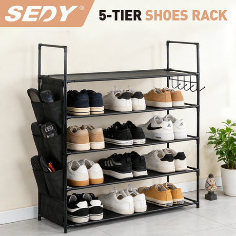 5-tier shoe rack with metal frame, fabric shelves, side pockets and hooks for entryway shoe storage
