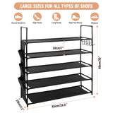 5-tier shoe rack with metal frame, fabric shelves, side pockets and hooks for entryway shoe storage