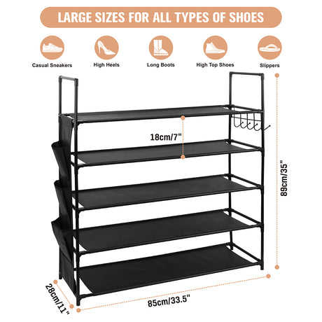 5-tier shoe rack with metal frame, fabric shelves, side pockets and hooks for entryway shoe storage