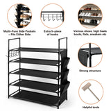 5-tier shoe rack with metal frame, fabric shelves, side pockets and hooks for entryway shoe storage