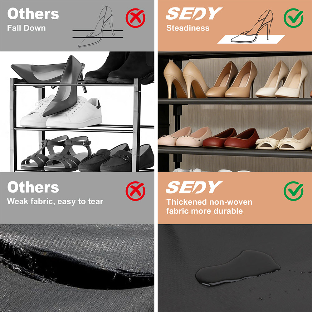 5-tier shoe rack with metal frame, fabric shelves, side pockets and hooks for entryway shoe storage