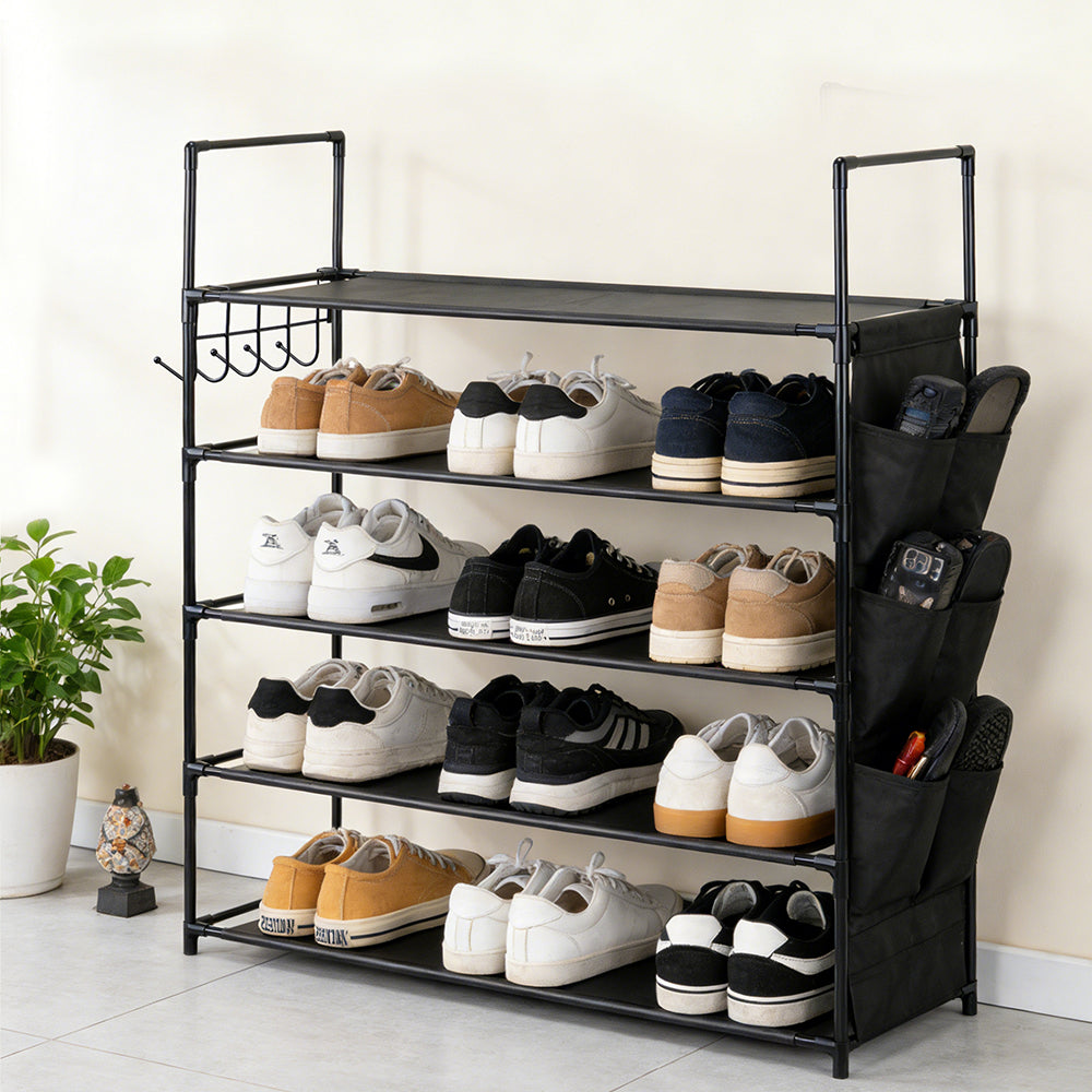 5-tier shoe rack with metal frame, fabric shelves, side pockets and hooks for entryway shoe storage