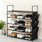 5-tier shoe rack with metal frame, fabric shelves, side pockets and hooks for entryway shoe storage