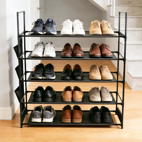 5-tier shoe rack with metal frame, fabric shelves, side pockets and hooks for entryway shoe storage