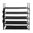 5-tier shoe rack with metal frame, fabric shelves, side pockets and hooks for entryway shoe storage